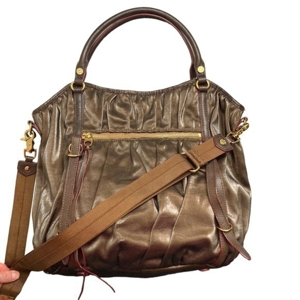 MZ Wallace Bianca Bedford brown nylon leather tote bag with strap and pouch